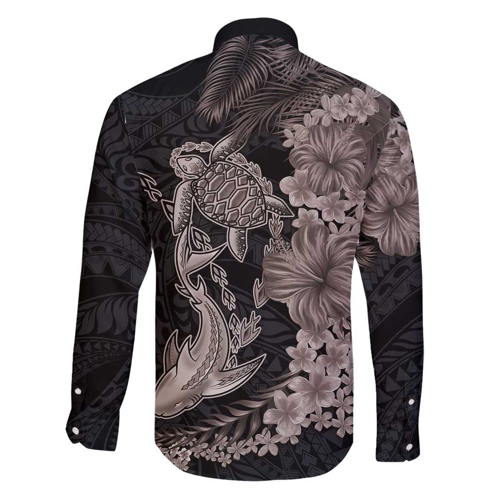 Hawaiian Tropical Plants Turtle and Shark Family Matching Long Sleeve Bodycon Dress and Hawaiian Shirt Polynesian Art Tattoo Grayscale Color