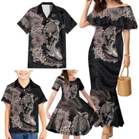 Hawaiian Tropical Plants Turtle and Shark Family Matching Mermaid Dress and Hawaiian Shirt Polynesian Art Tattoo Grayscale Color