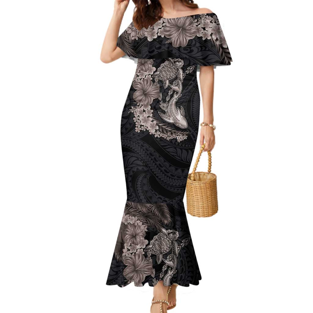 Hawaiian Tropical Plants Turtle and Shark Family Matching Mermaid Dress and Hawaiian Shirt Polynesian Art Tattoo Grayscale Color