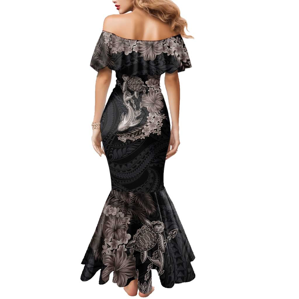 Hawaiian Tropical Plants Turtle and Shark Family Matching Mermaid Dress and Hawaiian Shirt Polynesian Art Tattoo Grayscale Color
