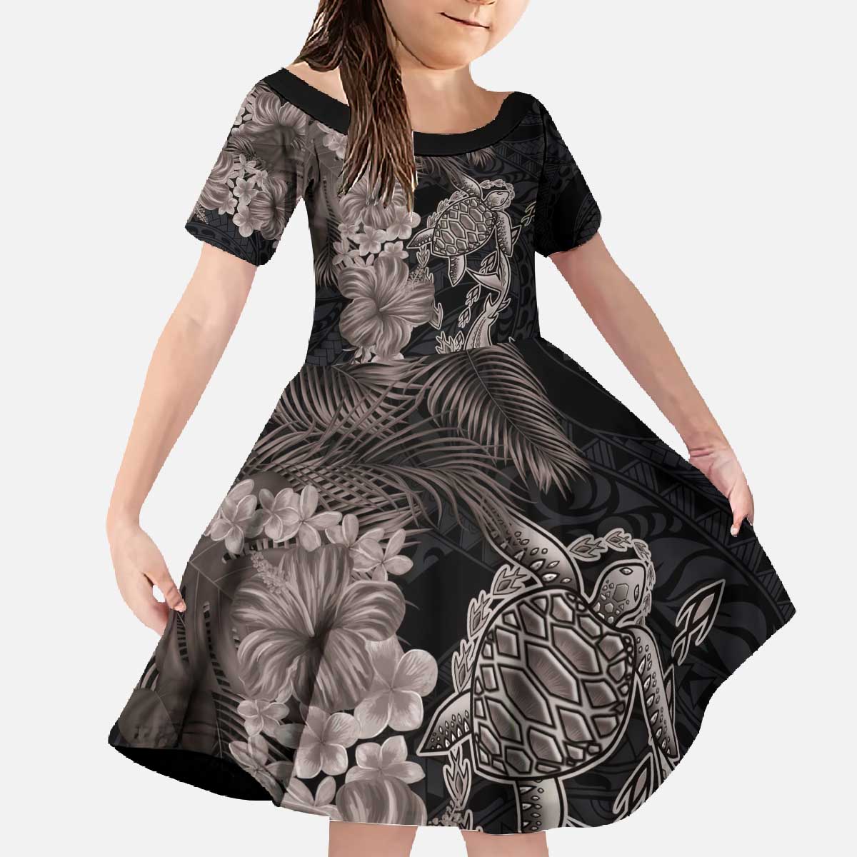 Hawaiian Tropical Plants Turtle and Shark Family Matching Off The Shoulder Long Sleeve Dress and Hawaiian Shirt Polynesian Art Tattoo Grayscale Color