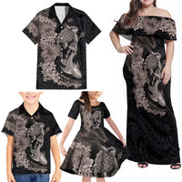 Hawaiian Tropical Plants Turtle and Shark Family Matching Off Shoulder Maxi Dress and Hawaiian Shirt Polynesian Art Tattoo Grayscale Color