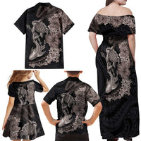 Hawaiian Tropical Plants Turtle and Shark Family Matching Off Shoulder Maxi Dress and Hawaiian Shirt Polynesian Art Tattoo Grayscale Color