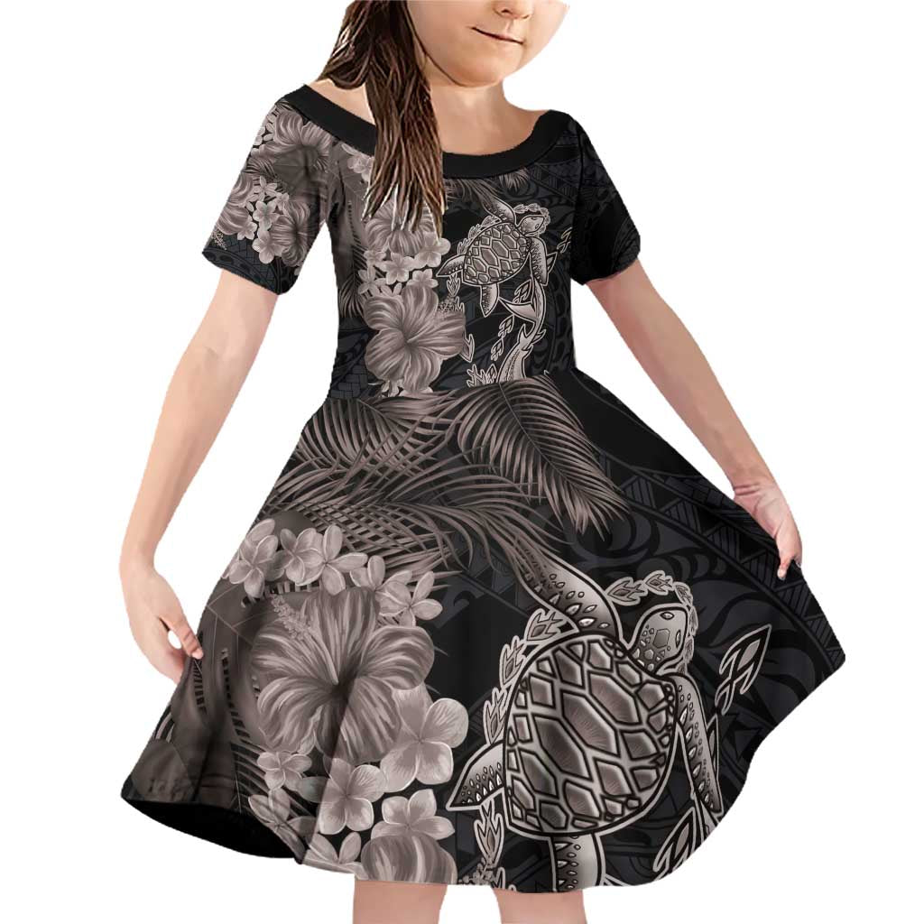 Hawaiian Tropical Plants Turtle and Shark Family Matching Off Shoulder Short Dress and Hawaiian Shirt Polynesian Art Tattoo Grayscale Color