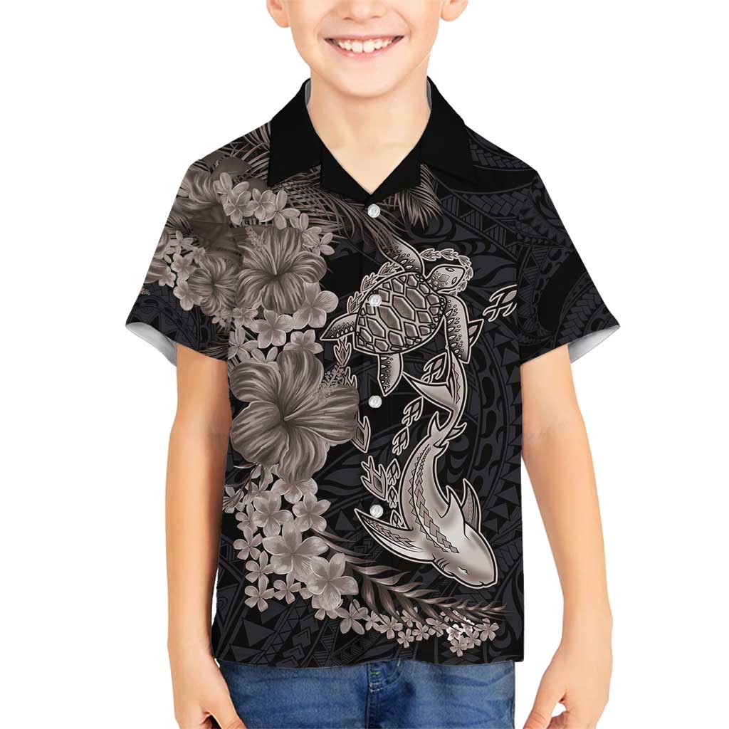 Hawaiian Tropical Plants Turtle and Shark Family Matching Off Shoulder Short Dress and Hawaiian Shirt Polynesian Art Tattoo Grayscale Color