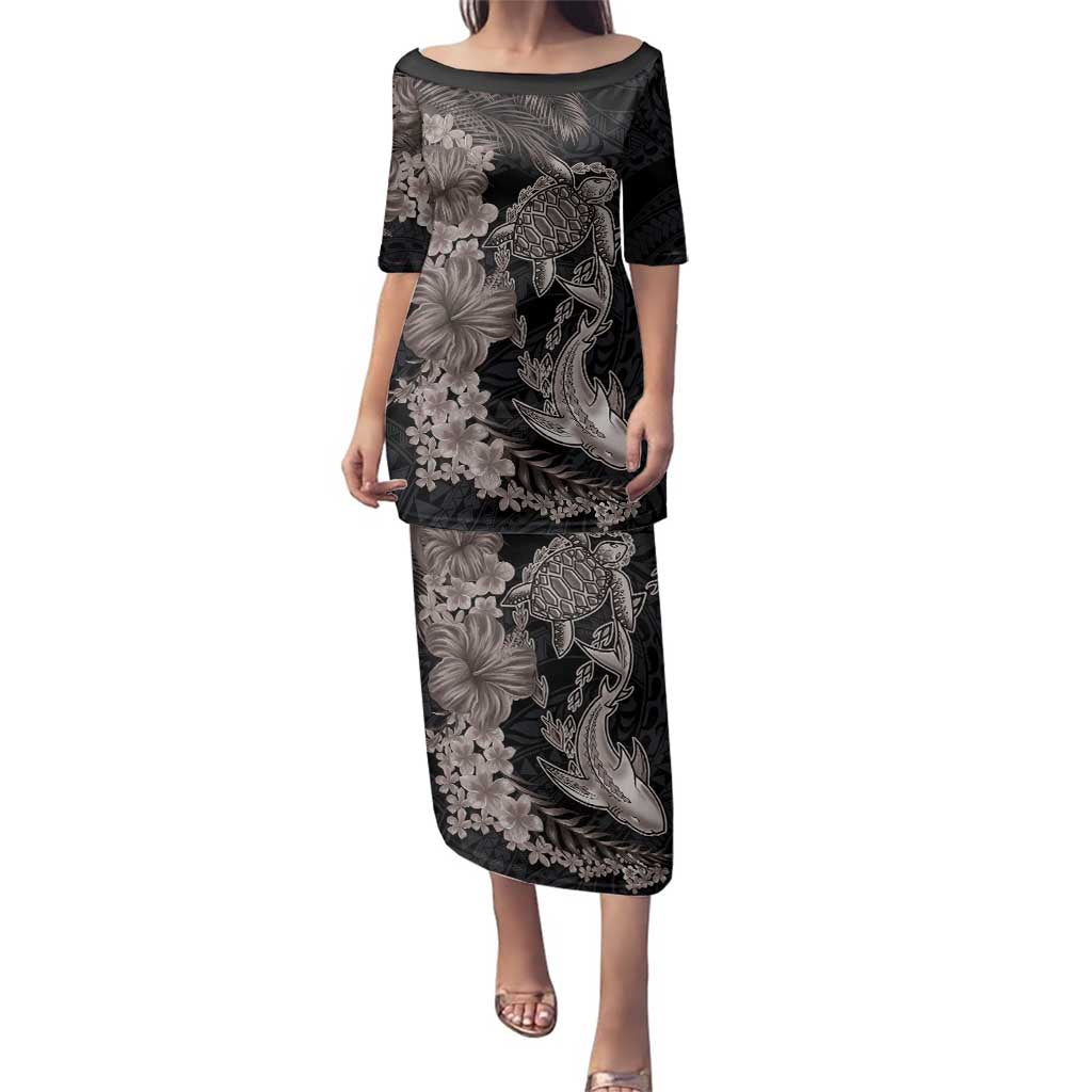 Hawaiian Tropical Plants Turtle and Shark Family Matching Puletasi and Hawaiian Shirt Polynesian Art Tattoo Grayscale Color