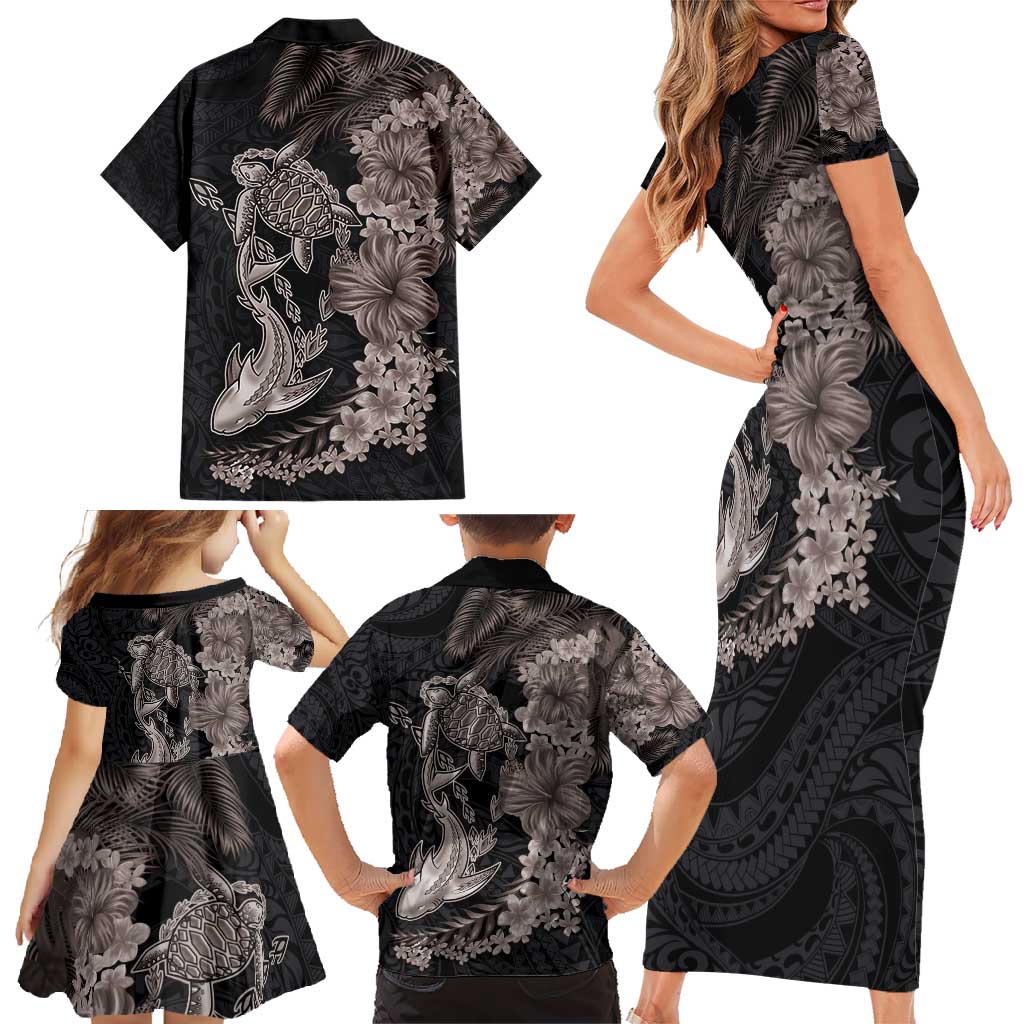 Hawaiian Tropical Plants Turtle and Shark Family Matching Short Sleeve Bodycon Dress and Hawaiian Shirt Polynesian Art Tattoo Grayscale Color