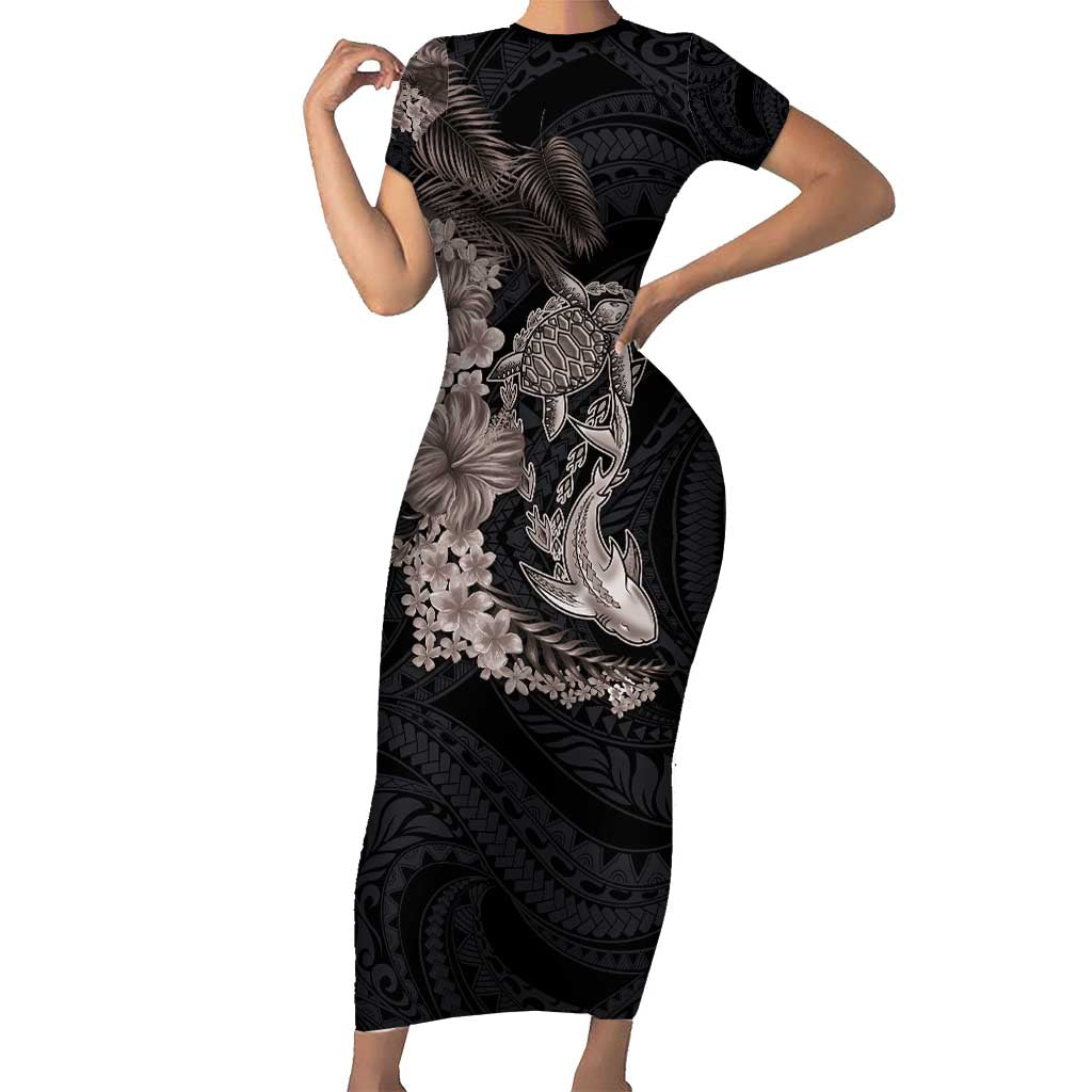 Hawaiian Tropical Plants Turtle and Shark Family Matching Short Sleeve Bodycon Dress and Hawaiian Shirt Polynesian Art Tattoo Grayscale Color