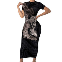 Hawaiian Tropical Plants Turtle and Shark Family Matching Short Sleeve Bodycon Dress and Hawaiian Shirt Polynesian Art Tattoo Grayscale Color
