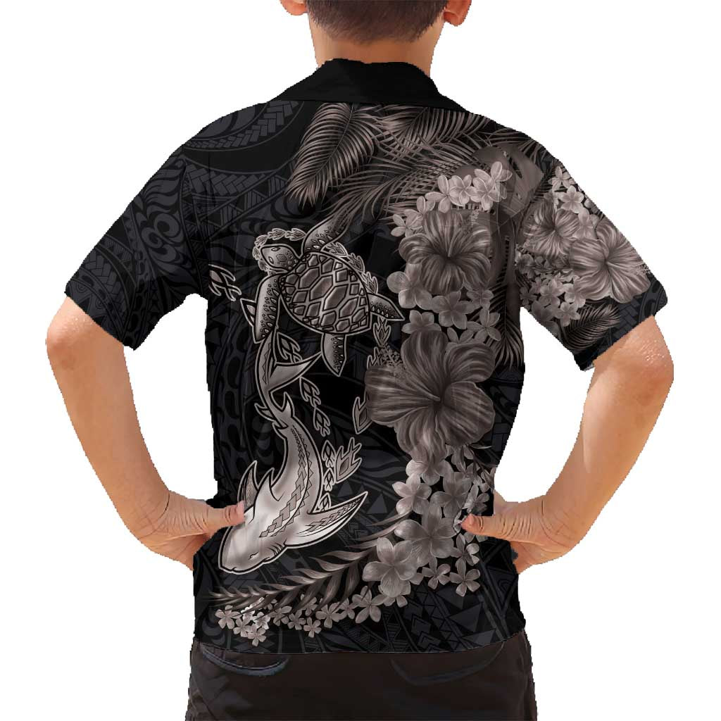 Hawaiian Tropical Plants Turtle and Shark Family Matching Summer Maxi Dress and Hawaiian Shirt Polynesian Art Tattoo Grayscale Color