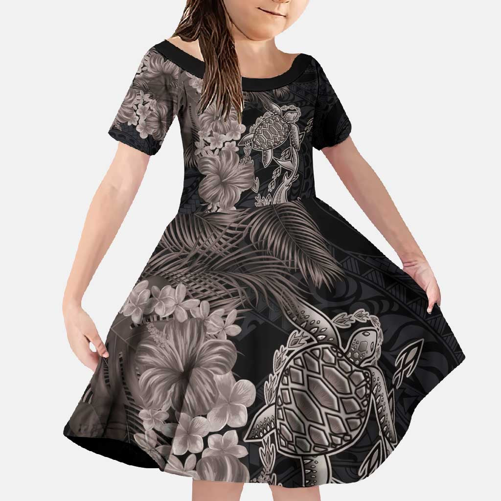 Hawaiian Tropical Plants Turtle and Shark Family Matching Summer Maxi Dress and Hawaiian Shirt Polynesian Art Tattoo Grayscale Color