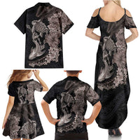 Hawaiian Tropical Plants Turtle and Shark Family Matching Summer Maxi Dress and Hawaiian Shirt Polynesian Art Tattoo Grayscale Color