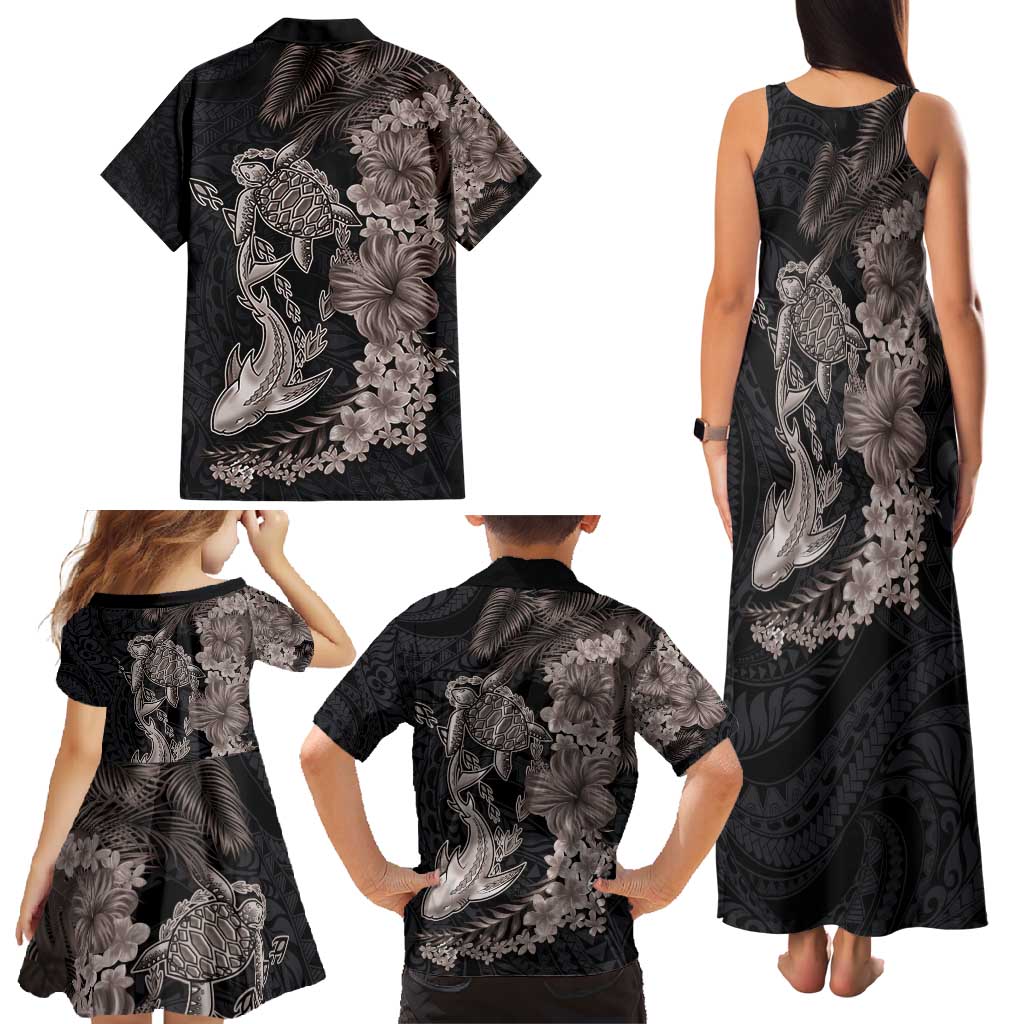 Hawaiian Tropical Plants Turtle and Shark Family Matching Tank Maxi Dress and Hawaiian Shirt Polynesian Art Tattoo Grayscale Color
