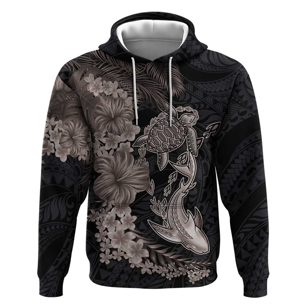 Hawaiian Tropical Plants Turtle and Shark Hoodie Polynesian Art Tattoo Grayscale Color