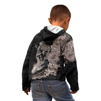 Hawaiian Tropical Plants Turtle and Shark Kid Hoodie Polynesian Art Tattoo Grayscale Color