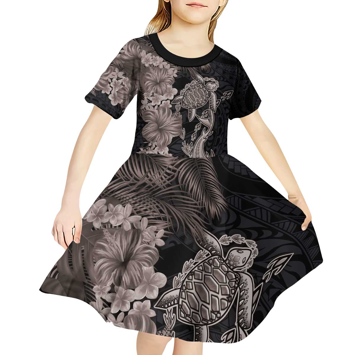 Hawaiian Tropical Plants Turtle and Shark Kid Short Sleeve Dress Polynesian Art Tattoo Grayscale Color
