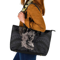 Hawaiian Tropical Plants Turtle and Shark Leather Tote Bag Polynesian Art Tattoo Grayscale Color