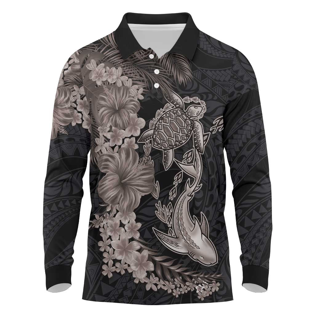Hawaiian Tropical Plants Turtle and Shark Long Sleeve Polo Shirt Polynesian Art Tattoo Grayscale Color