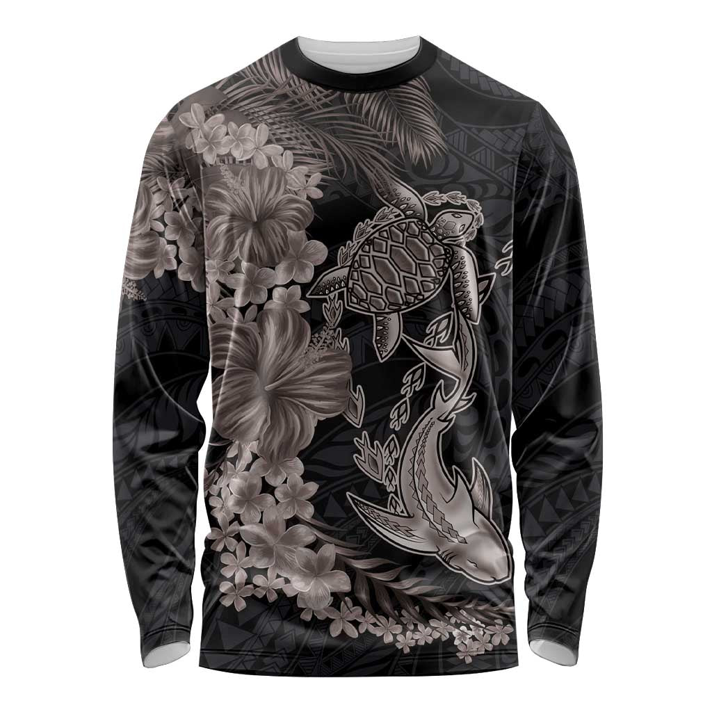 Hawaiian Tropical Plants Turtle and Shark Long Sleeve Shirt Polynesian Art Tattoo Grayscale Color