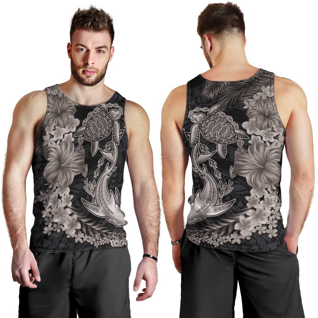 Hawaiian Tropical Plants Turtle and Shark Men Tank Top Polynesian Art Tattoo Grayscale Color