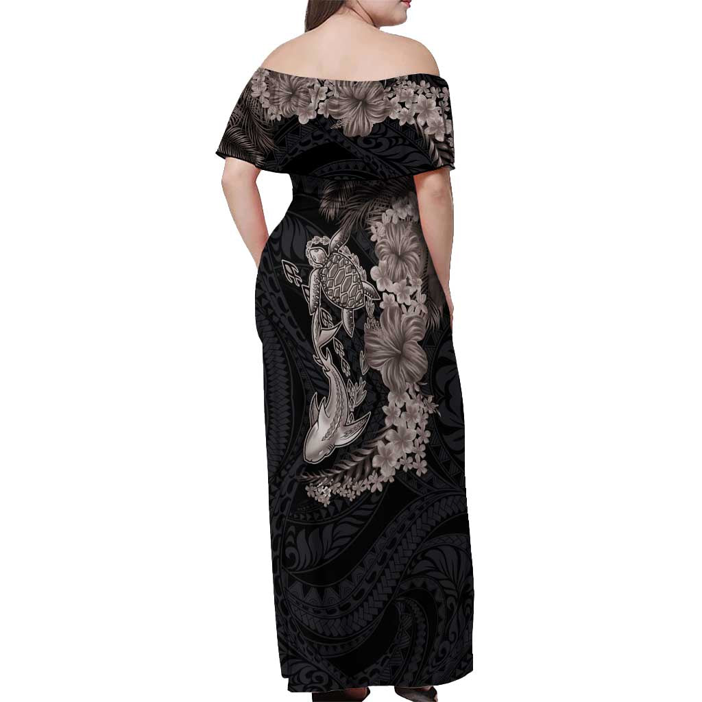 Hawaiian Tropical Plants Turtle and Shark Off Shoulder Maxi Dress Polynesian Art Tattoo Grayscale Color