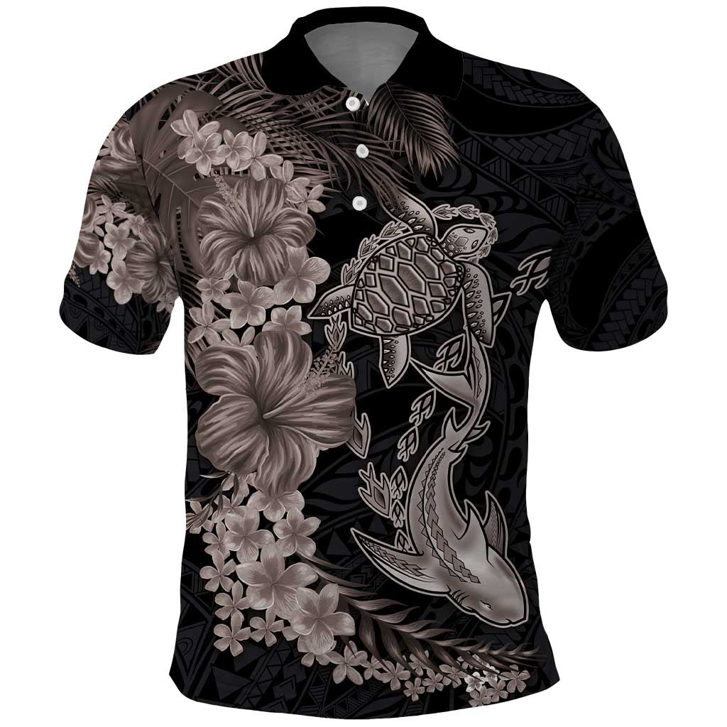 Hawaiian Tropical Plants Turtle and Shark Polo Shirt Polynesian Art Tattoo Grayscale Color