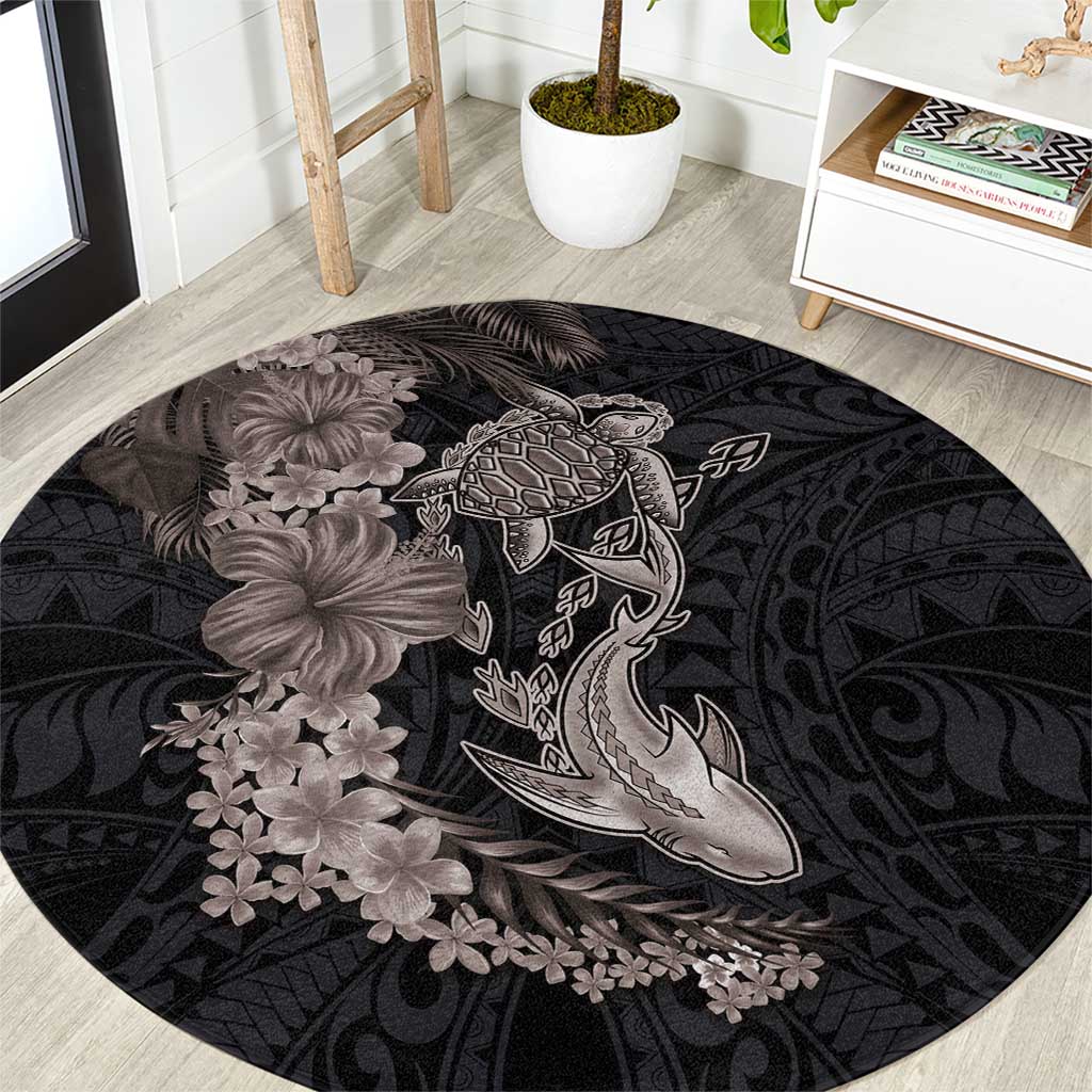 Hawaiian Tropical Plants Turtle and Shark Round Carpet Polynesian Art Tattoo Grayscale Color