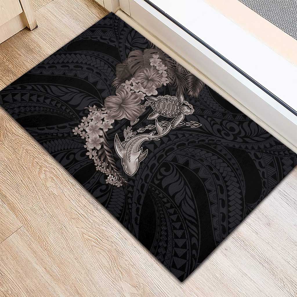 Hawaiian Tropical Plants Turtle and Shark Rubber Doormat Polynesian Art Tattoo Grayscale Color