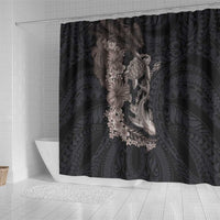 Hawaiian Tropical Plants Turtle and Shark Shower Curtain Polynesian Art Tattoo Grayscale Color