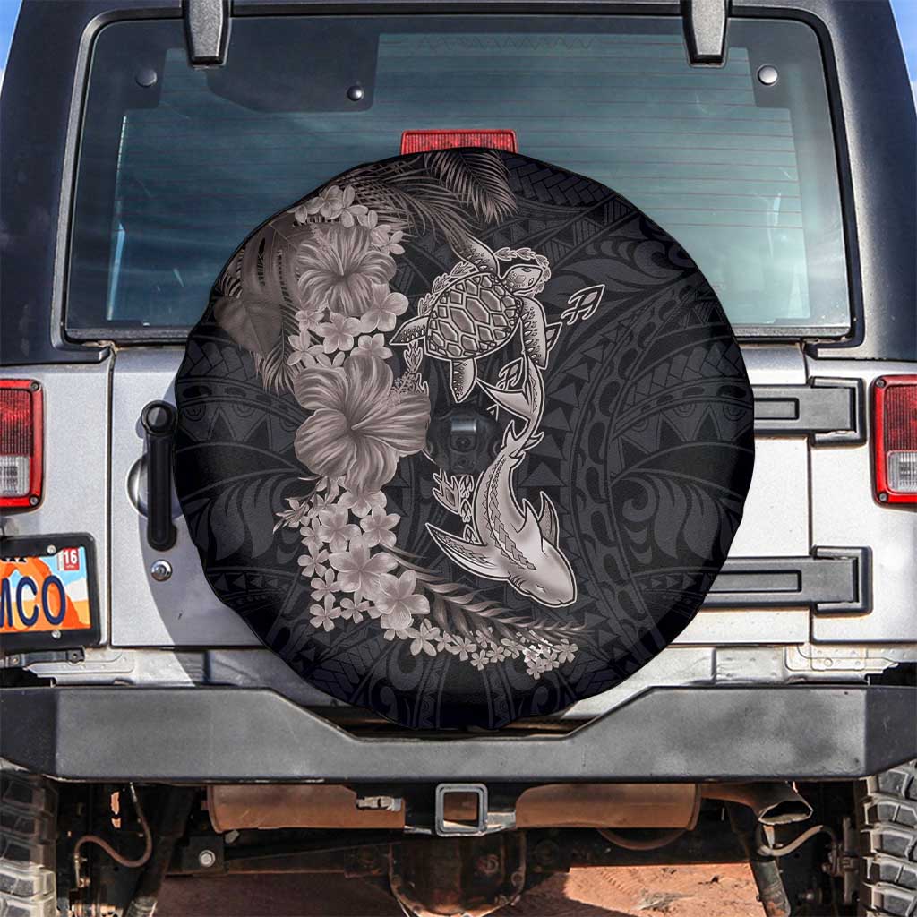 Hawaiian Tropical Plants Turtle and Shark Spare Tire Cover Polynesian Art Tattoo Grayscale Color