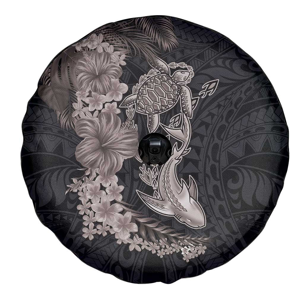 Hawaiian Tropical Plants Turtle and Shark Spare Tire Cover Polynesian Art Tattoo Grayscale Color