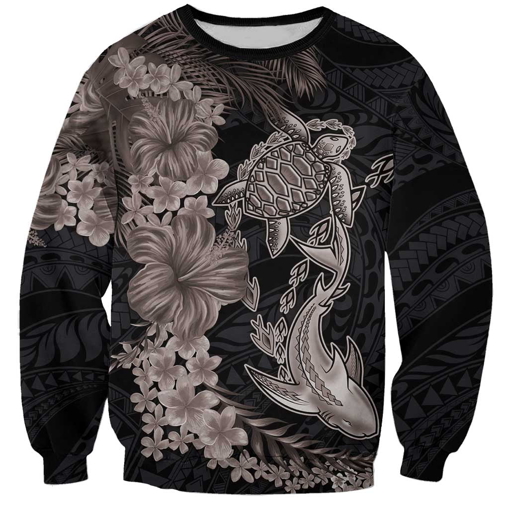Hawaiian Tropical Plants Turtle and Shark Sweatshirt Polynesian Art Tattoo Grayscale Color