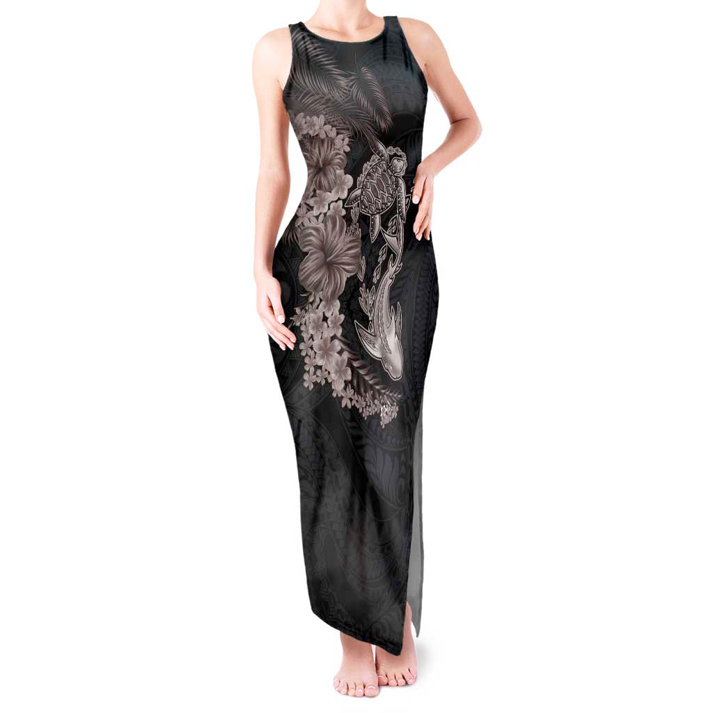 Hawaiian Tropical Plants Turtle and Shark Tank Maxi Dress Polynesian Art Tattoo Grayscale Color