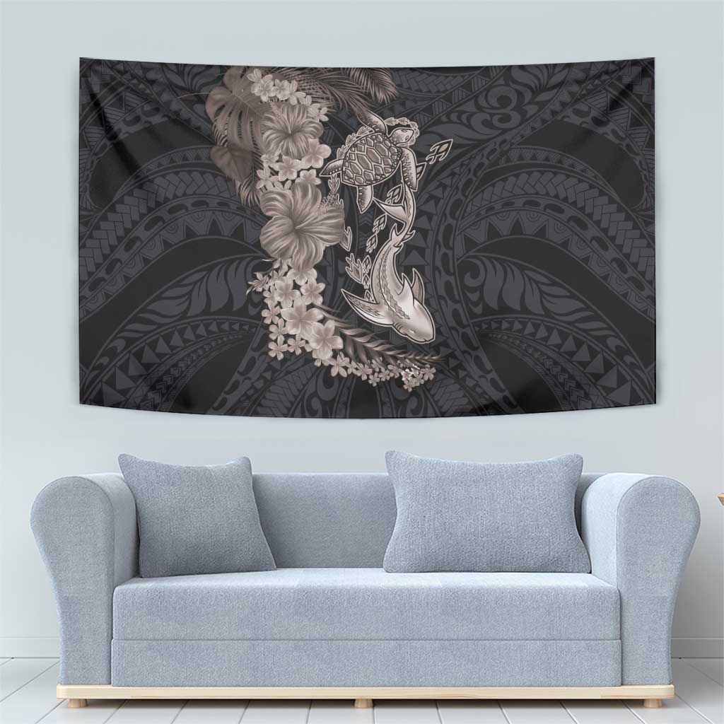Hawaiian Tropical Plants Turtle and Shark Tapestry Polynesian Art Tattoo Grayscale Color