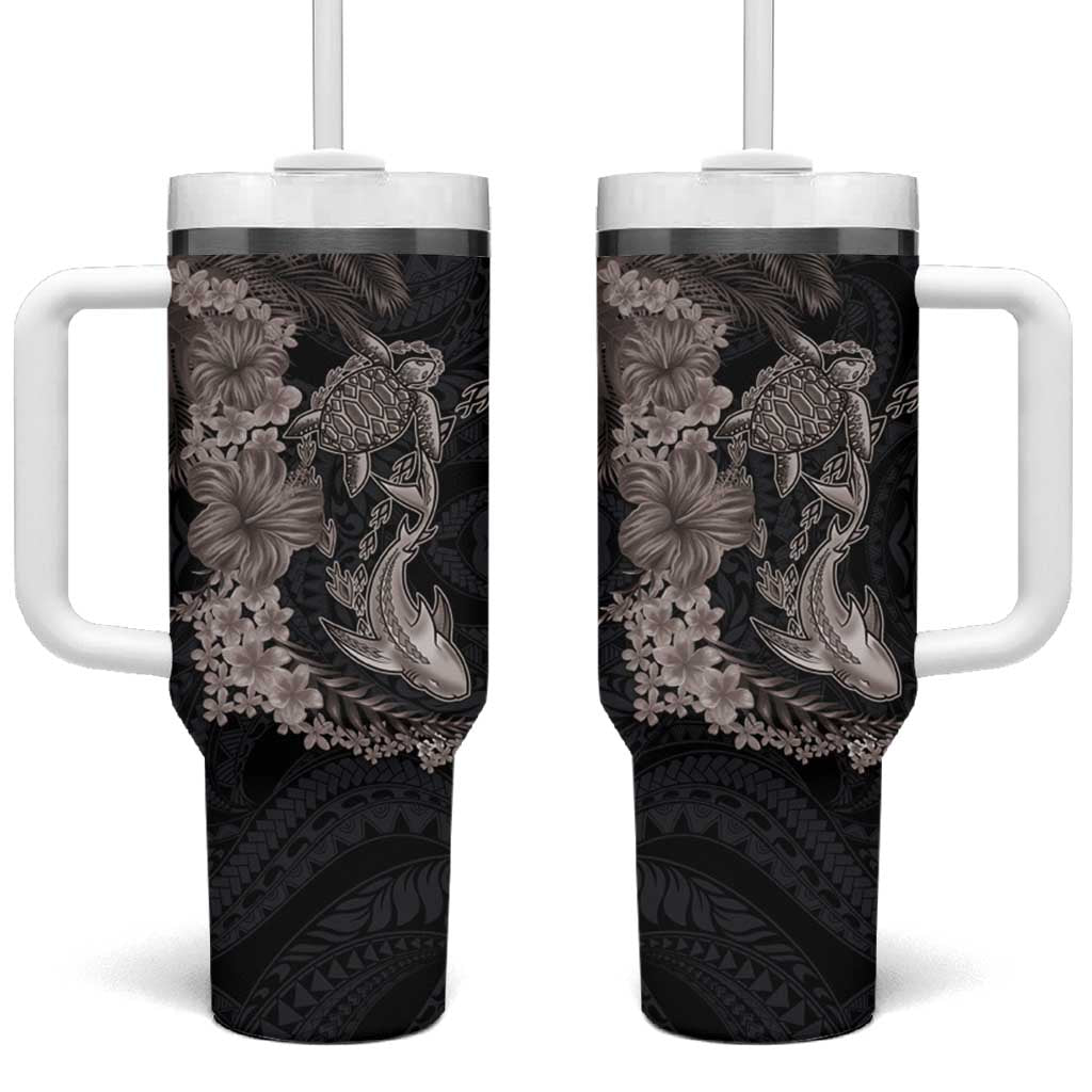 Hawaiian Tropical Plants Turtle and Shark Tumbler With Handle Polynesian Art Tattoo Grayscale Color