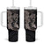 Hawaiian Tropical Plants Turtle and Shark Tumbler With Handle Polynesian Art Tattoo Grayscale Color