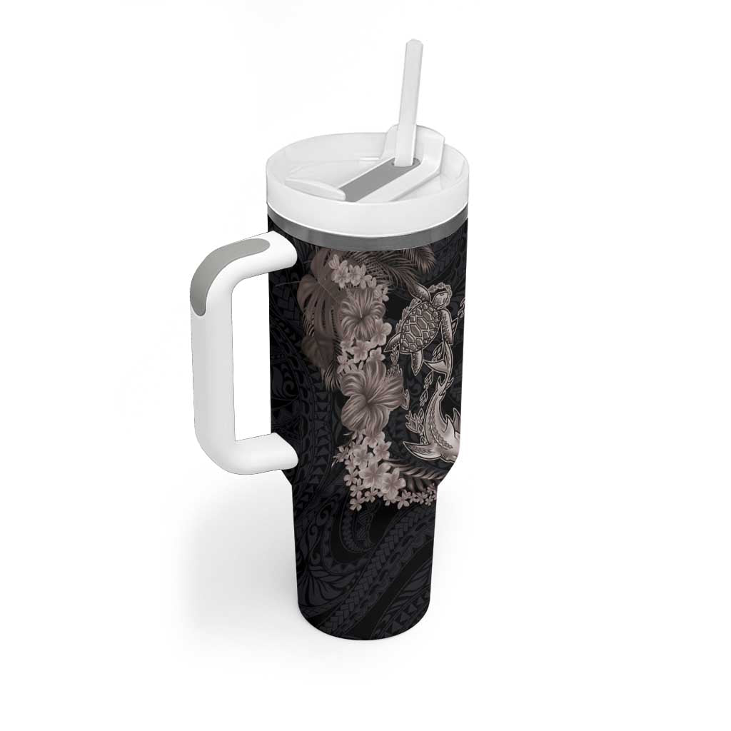 Hawaiian Tropical Plants Turtle and Shark Tumbler With Handle Polynesian Art Tattoo Grayscale Color
