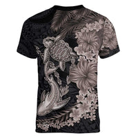 Hawaiian Tropical Plants Turtle and Shark Women V-Neck T-Shirt Polynesian Art Tattoo Grayscale Color