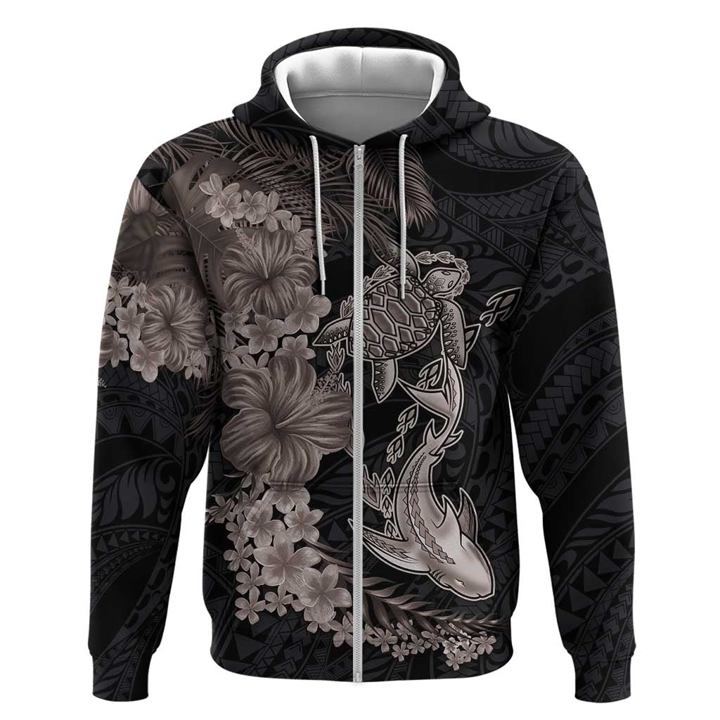 Hawaiian Tropical Plants Turtle and Shark Zip Hoodie Polynesian Art Tattoo Grayscale Color LT03 Zip Hoodie Black - Polynesian Pride