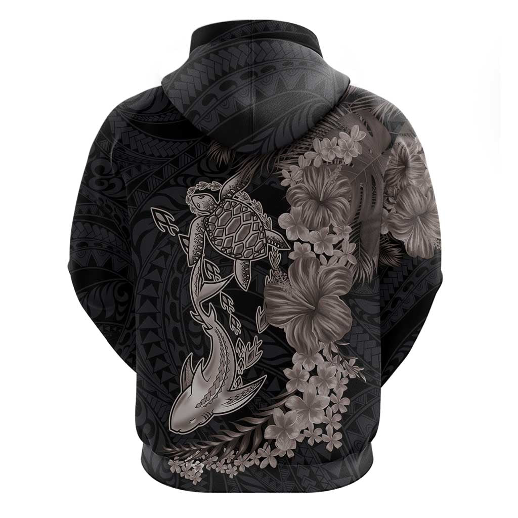 Hawaiian Tropical Plants Turtle and Shark Zip Hoodie Polynesian Art Tattoo Grayscale Color LT03 - Polynesian Pride