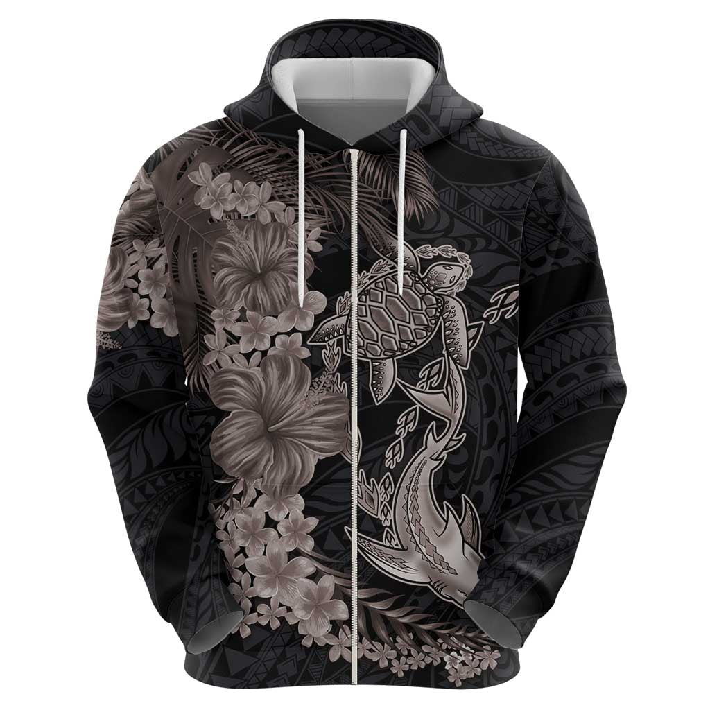 Hawaiian Tropical Plants Turtle and Shark Zip Hoodie Polynesian Art Tattoo Grayscale Color LT03 - Polynesian Pride