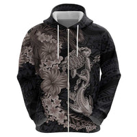 Hawaiian Tropical Plants Turtle and Shark Zip Hoodie Polynesian Art Tattoo Grayscale Color LT03 - Polynesian Pride