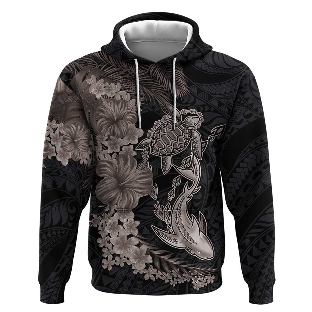 Hawaiian Tropical Plants Turtle and Shark Zip Hoodie Polynesian Art Tattoo Grayscale Color LT03 Pullover Hoodie Black - Polynesian Pride