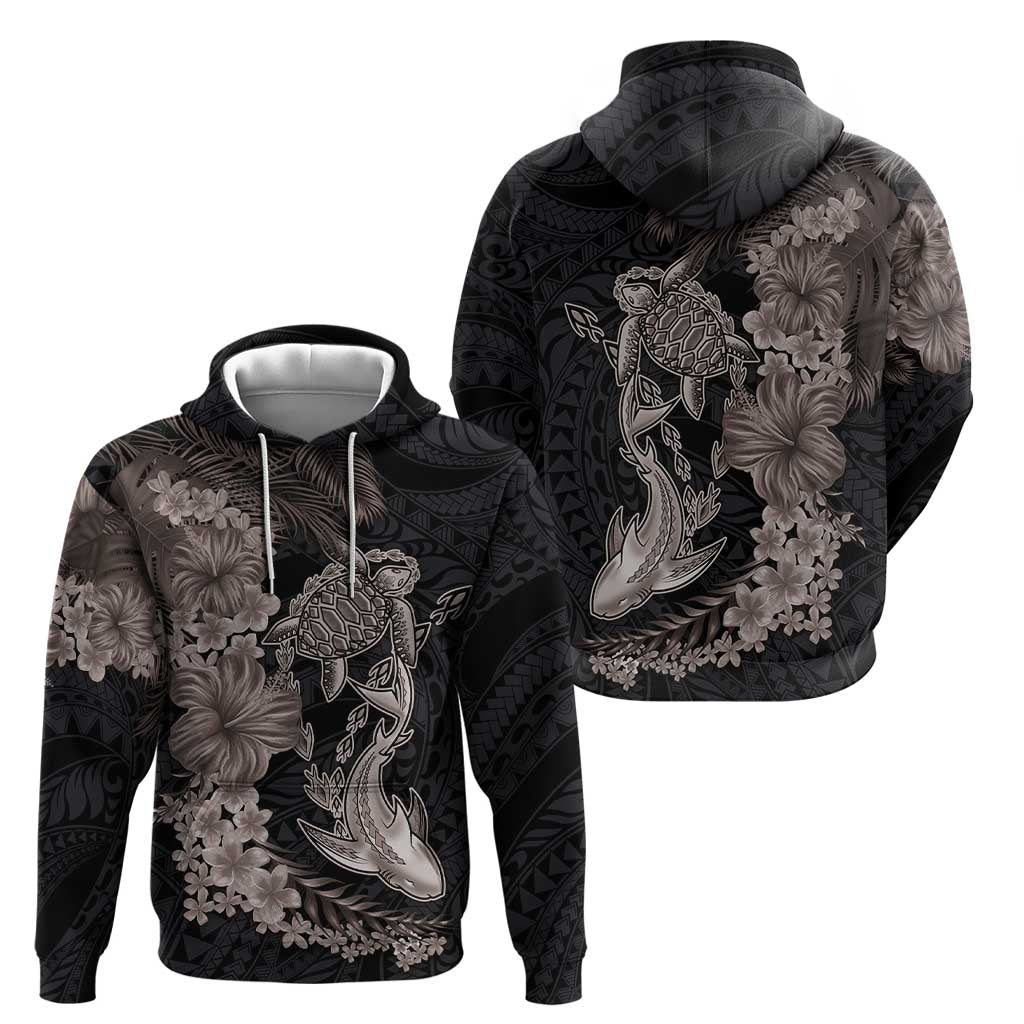 Hawaiian Tropical Plants Turtle and Shark Zip Hoodie Polynesian Art Tattoo Grayscale Color LT03 - Polynesian Pride