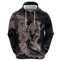 Hawaiian Tropical Plants Turtle and Shark Zip Hoodie Polynesian Art Tattoo Grayscale Color LT03 - Polynesian Pride