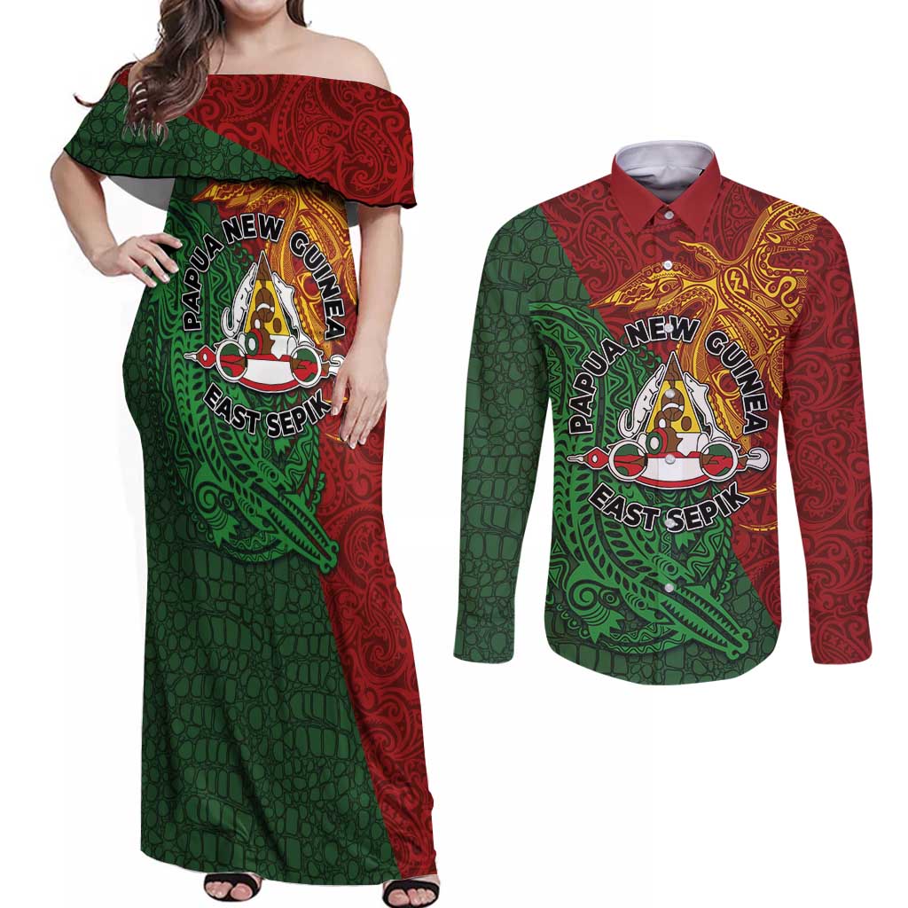 Papua New Guinea East Sepik Province Couples Matching Off Shoulder Maxi Dress and Long Sleeve Button Shirt Tribal Crocodile Birds of Paradise Melanesian Tattoo