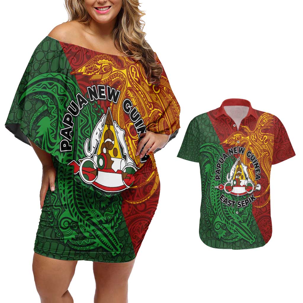 Papua New Guinea East Sepik Province Couples Matching Off Shoulder Short Dress and Hawaiian Shirt Tribal Crocodile Birds of Paradise Melanesian Tattoo
