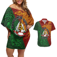 Papua New Guinea East Sepik Province Couples Matching Off Shoulder Short Dress and Hawaiian Shirt Tribal Crocodile Birds of Paradise Melanesian Tattoo