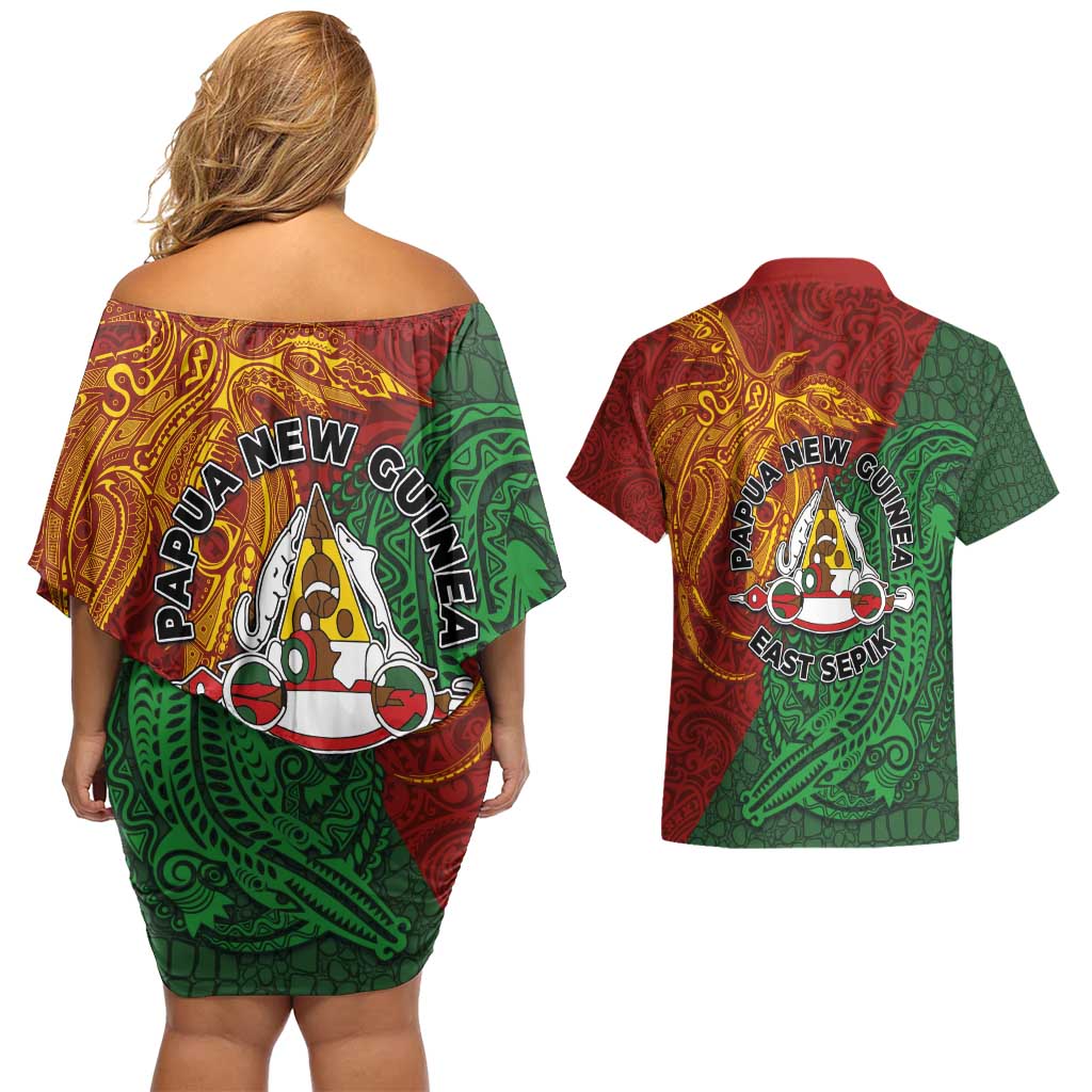 Papua New Guinea East Sepik Province Couples Matching Off Shoulder Short Dress and Hawaiian Shirt Tribal Crocodile Birds of Paradise Melanesian Tattoo