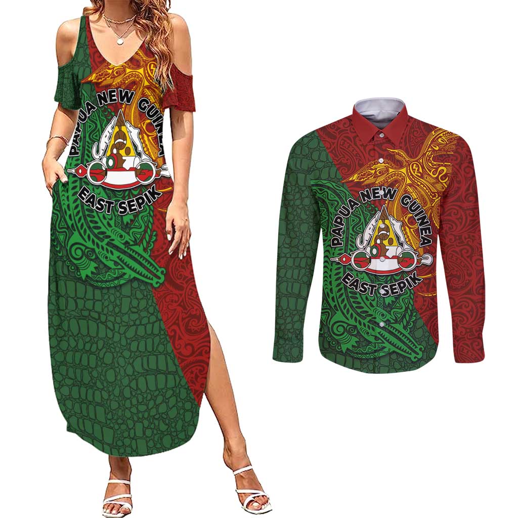 Papua New Guinea East Sepik Province Couples Matching Summer Maxi Dress and Long Sleeve Button Shirt Tribal Crocodile Birds of Paradise Melanesian Tattoo